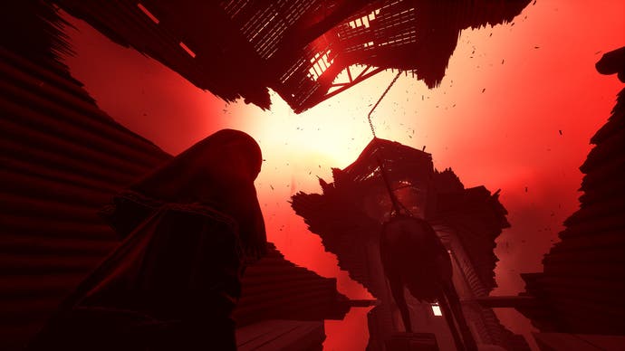 Indika screenshot showing a red-hued vision of crumbling buildings