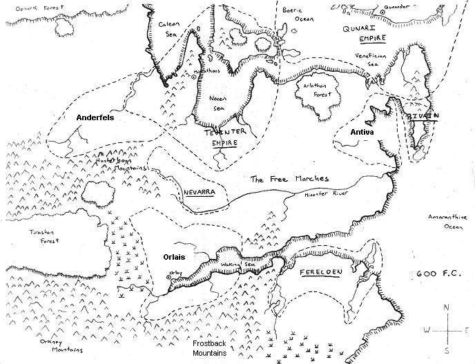 A black and white, sketched map of what would become Thedas, the world of Dragon Age