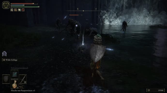 elden ring player fighting a group of claymen enemies near the water in siofra