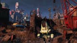 A robot stands in front of a city in Fallout 4