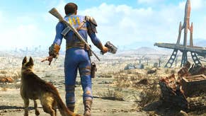 An image of Fallout 4, showing the Vault Dweller and Dogmeat trekking past the Red Rocket diner.