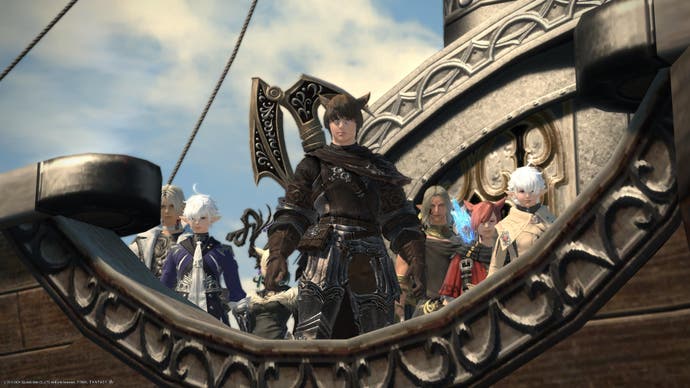 Final Fantasy 14 screenshot showing cat main character with a scythe on a boat with others behind him