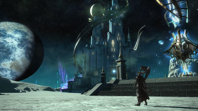 Final Fantasy 14 screenshot showing cat main character with scythe looking out at a palace on the moon with the earth in the background