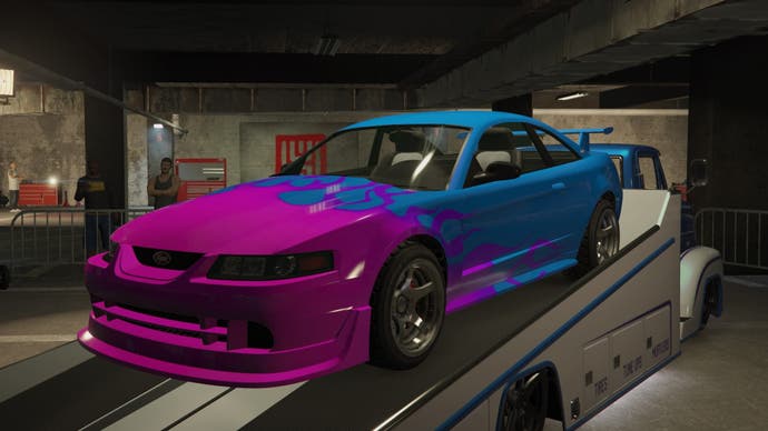 gta online blue vapid dominator asp with purple flame details on the ls car meet slam van