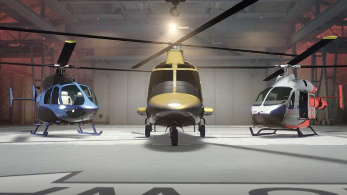 gta online three helicopters sitting in a hangar