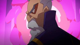 A side-on, cartoony illustration of a wizardly old man, by the looks of things, wearing a high collared cloak and a stern expression. Behind him, pink swirling magic can be seen.