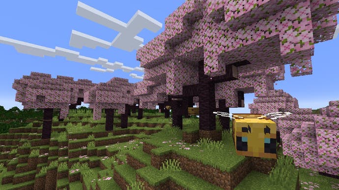 A cherry blossom forest and a bee from Minecraft