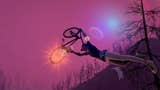 A bike held aloft above a rider's head, with burnt, bare trees providing the horizon for an otherworldly purple sky.