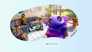 Hello, Dot artwork showing a purple creature while in the background someone wears a VR headset on their sofa.