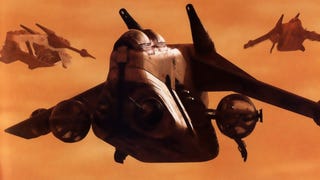 Close up of flying vehicle against sandy orange sky from Star Wars: The Clone Wars box art