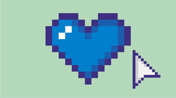 A big blue pixelated heart on a pale green background, with a pointed mouse cursor hovering nearby.