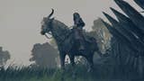 A character on the back of half-goat, half-horse, Torrent, in Elden Ring. It's a misty day and there are pointy wooden anti-horse posts jutting out nearby.